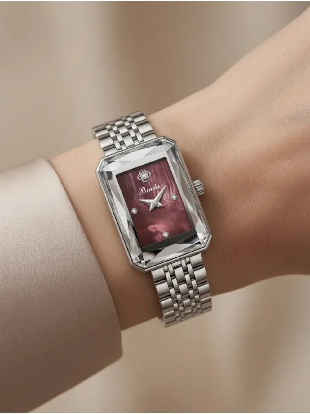 Women's Silver Burgundy Vintage Rectangular Case Stainless Steel Band Wristwatch